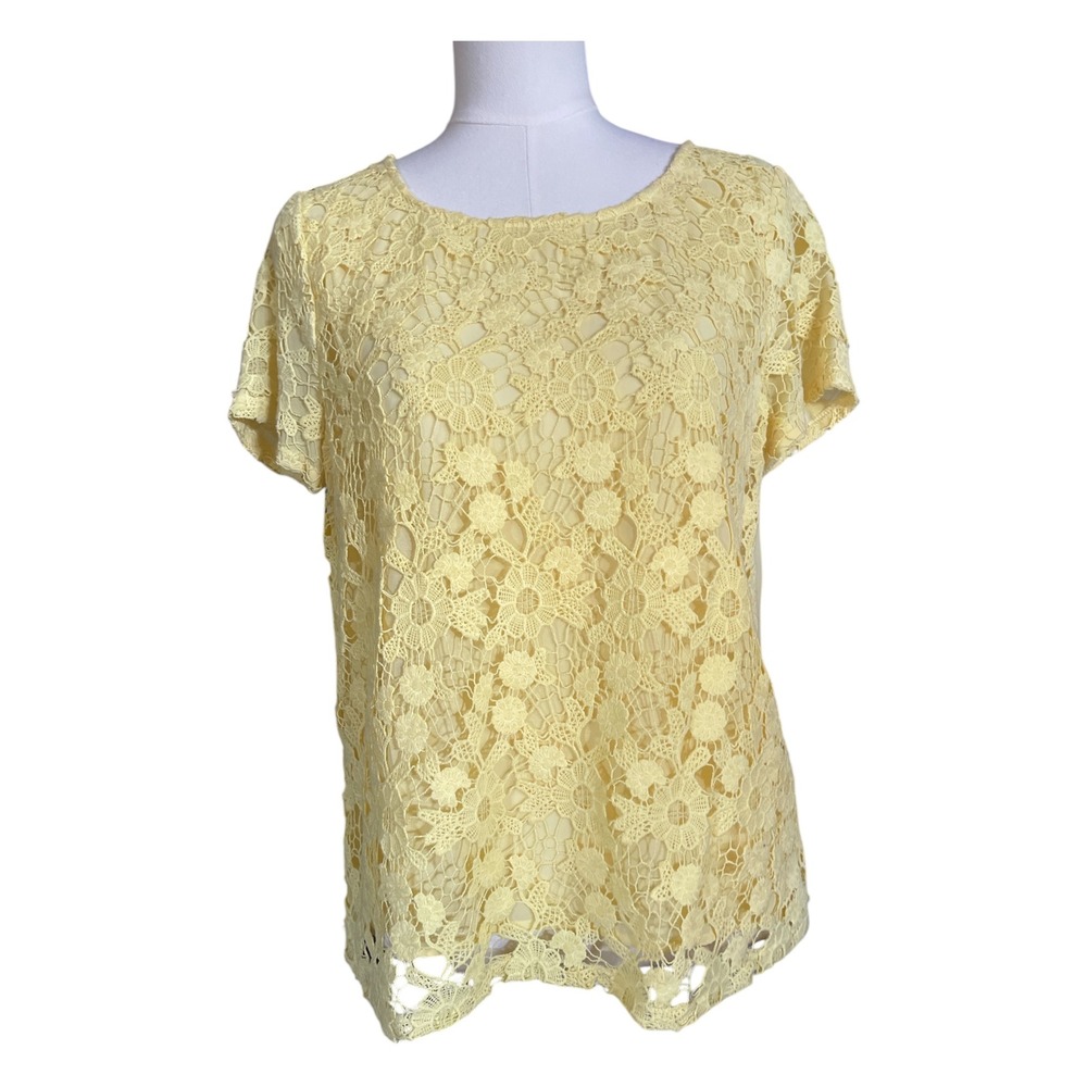 Forever 21 Yellow Crochet Lace Top Floral Short Sleeve Boho Lined Size L